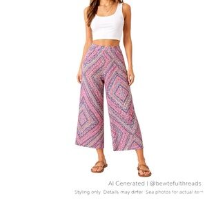 Boho Mosaic Print Palazzo Pants Festival Resort Wide Leg Cropped US